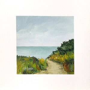 8x8 PNW Original Oil Painting Oregon Seascape Coastal Ocean Beach Path Signed